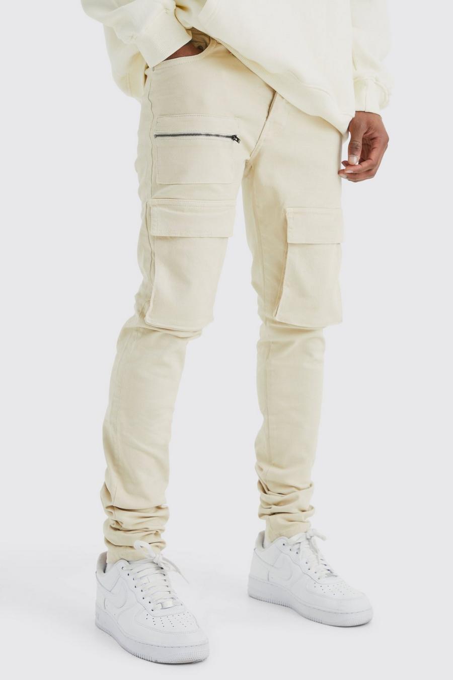Pantaloni Cargo Skinny Fit con vita fissa, pieghe sul fondo e zip, Stone