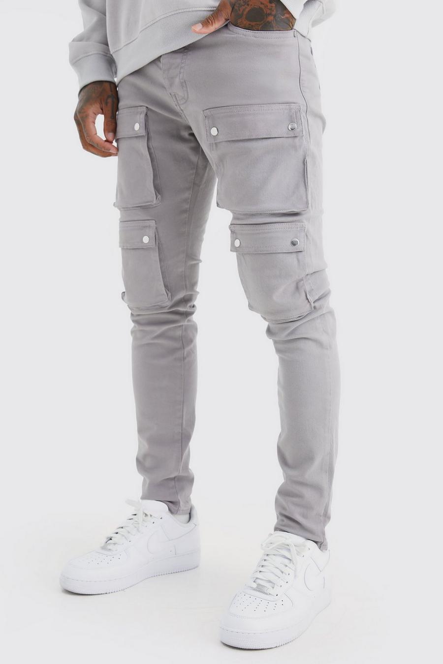 Pantalon cargo skinny à poches multiples, Dark grey