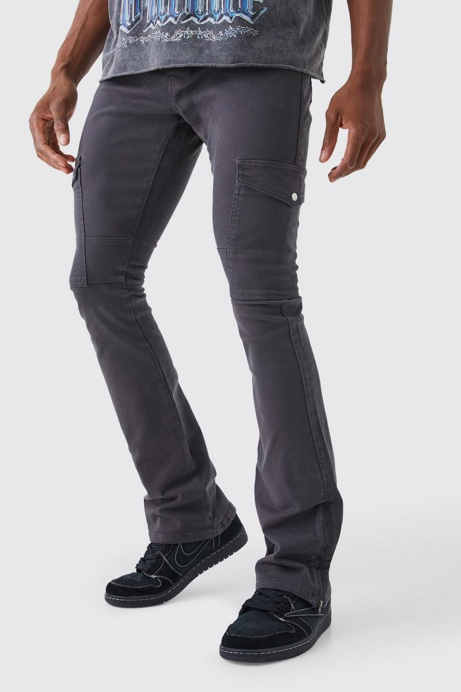 Charcoal grey Fixed Waist Skinny Stacked Zip Gusset Cargo Trouser