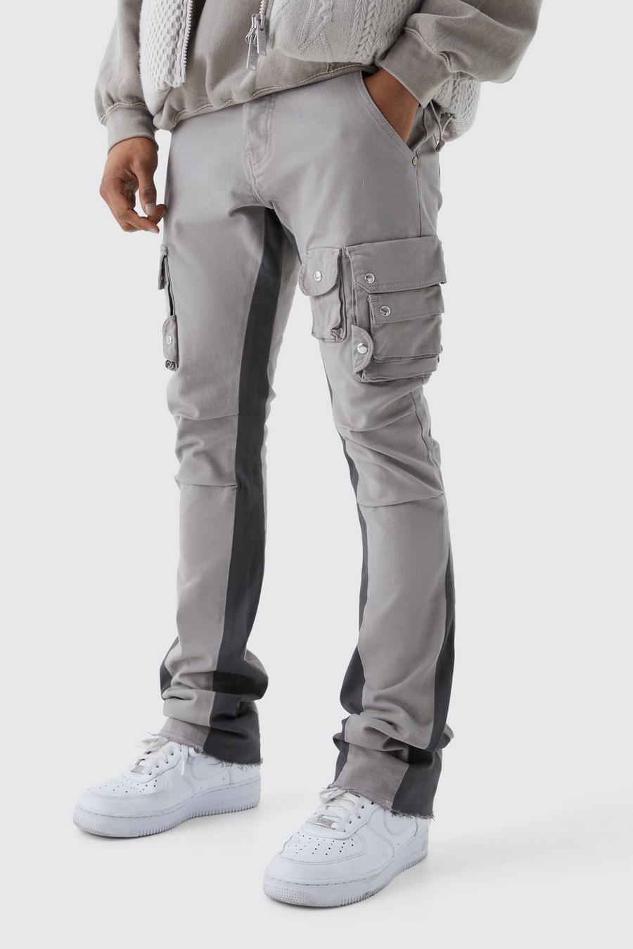 Dark grey gris Fixed Waist Skinny Stacked Flare 3d Cargo Trouser
