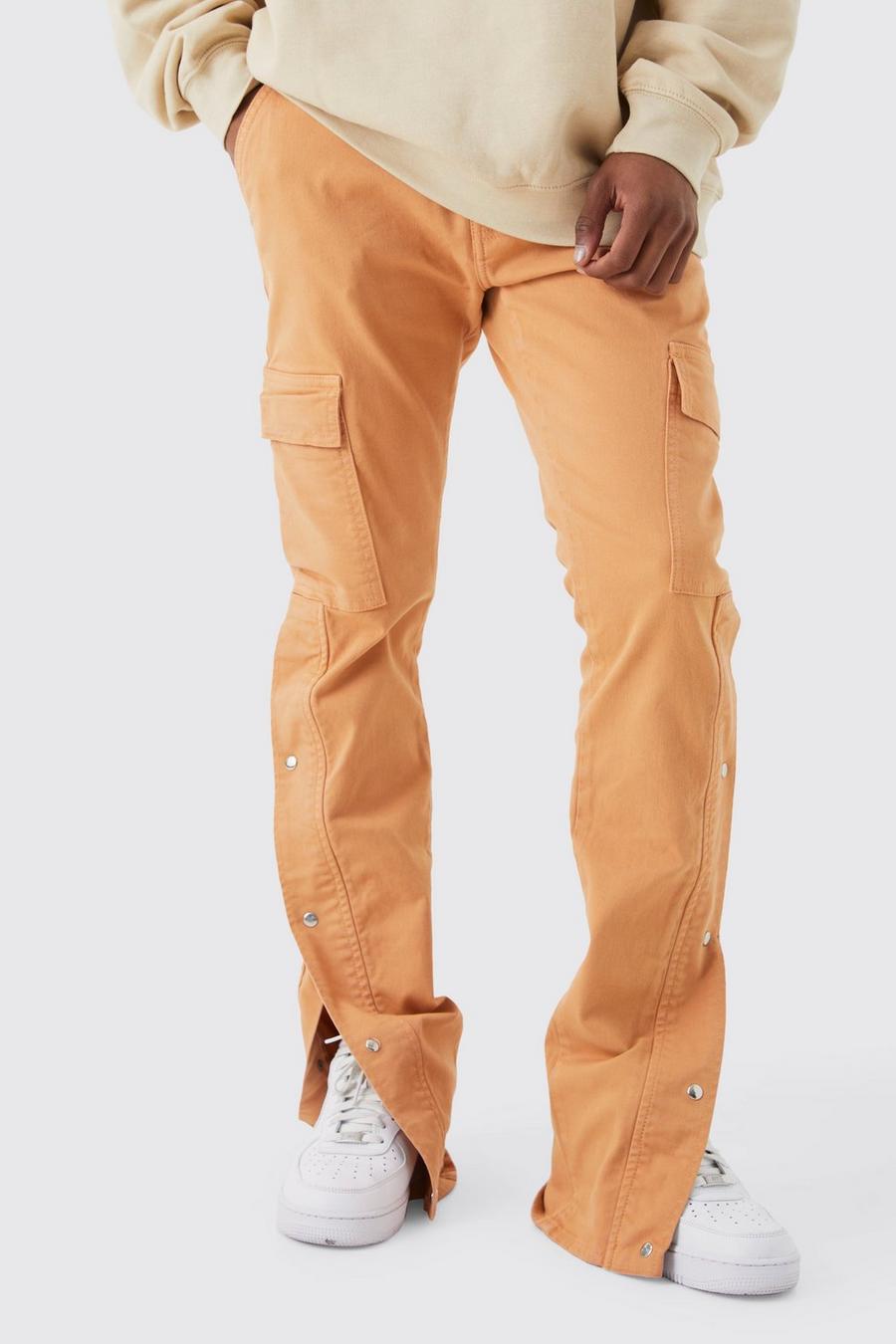 Pantaloni Cargo Skinny Fit a vita fissa con pieghe sul fondo e bottoni a pressione sul fondo, Orange image number 1