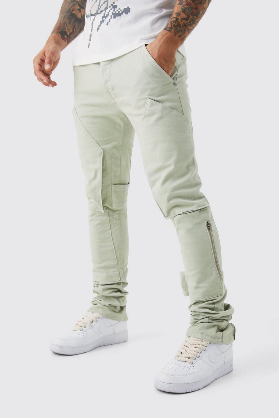 Pantalón cargo pitillo con tiras plisadas, refuerzos y cintura fija, Sage