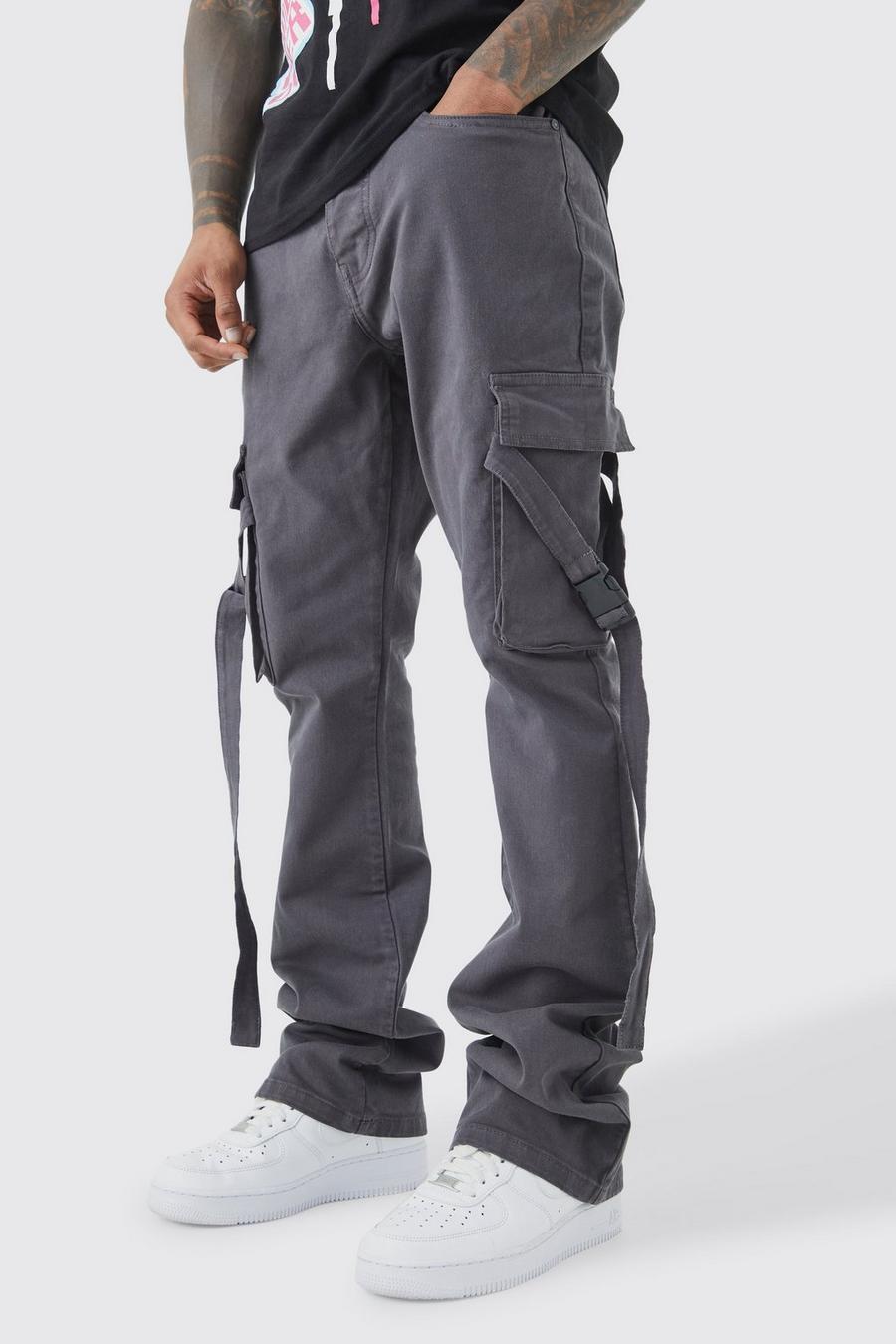 Charcoal Fixed Waist Slim Stacked Flare Strap Cargo Trouser
