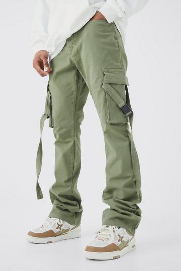 Olive Green Fixed Waist Slim Stacked Flare Strap Cargo Trouser