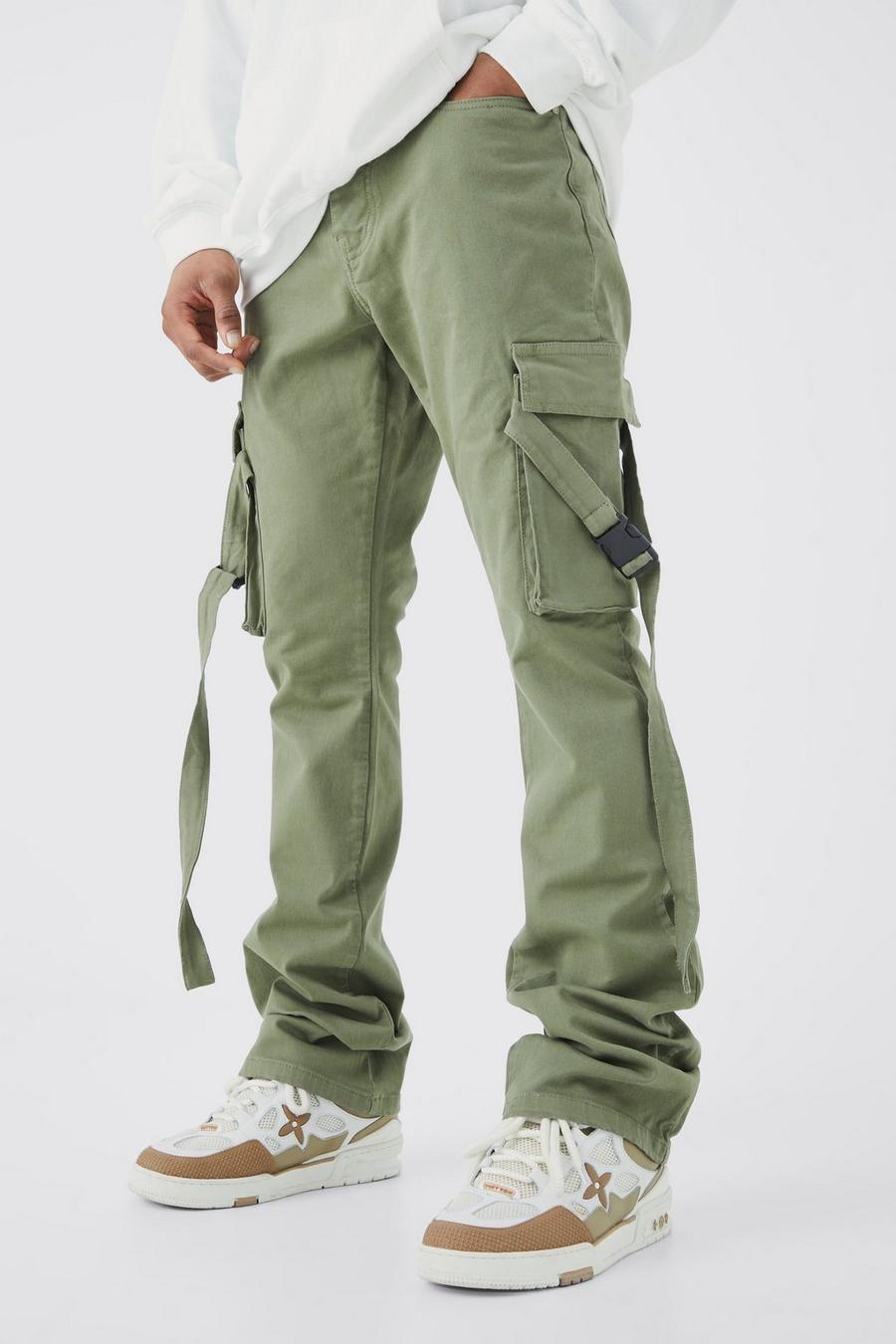 Pantaloni Cargo Slim Fit con vita fissa, pieghe sul fondo e spalline svasate, Olive