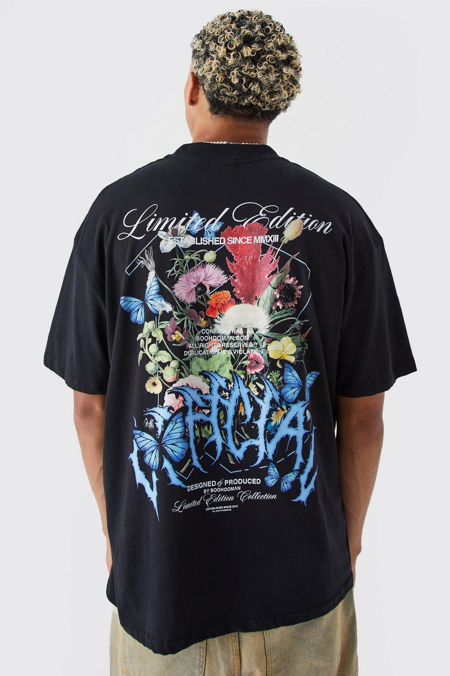 Black Tall Oversized Extended Neck Floral T-shirt image number 1