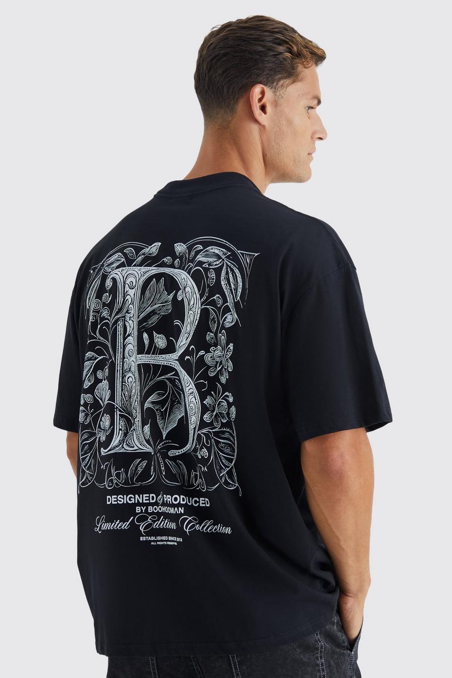 Camiseta Tall oversize con estampado B de flores góticas, Black negro