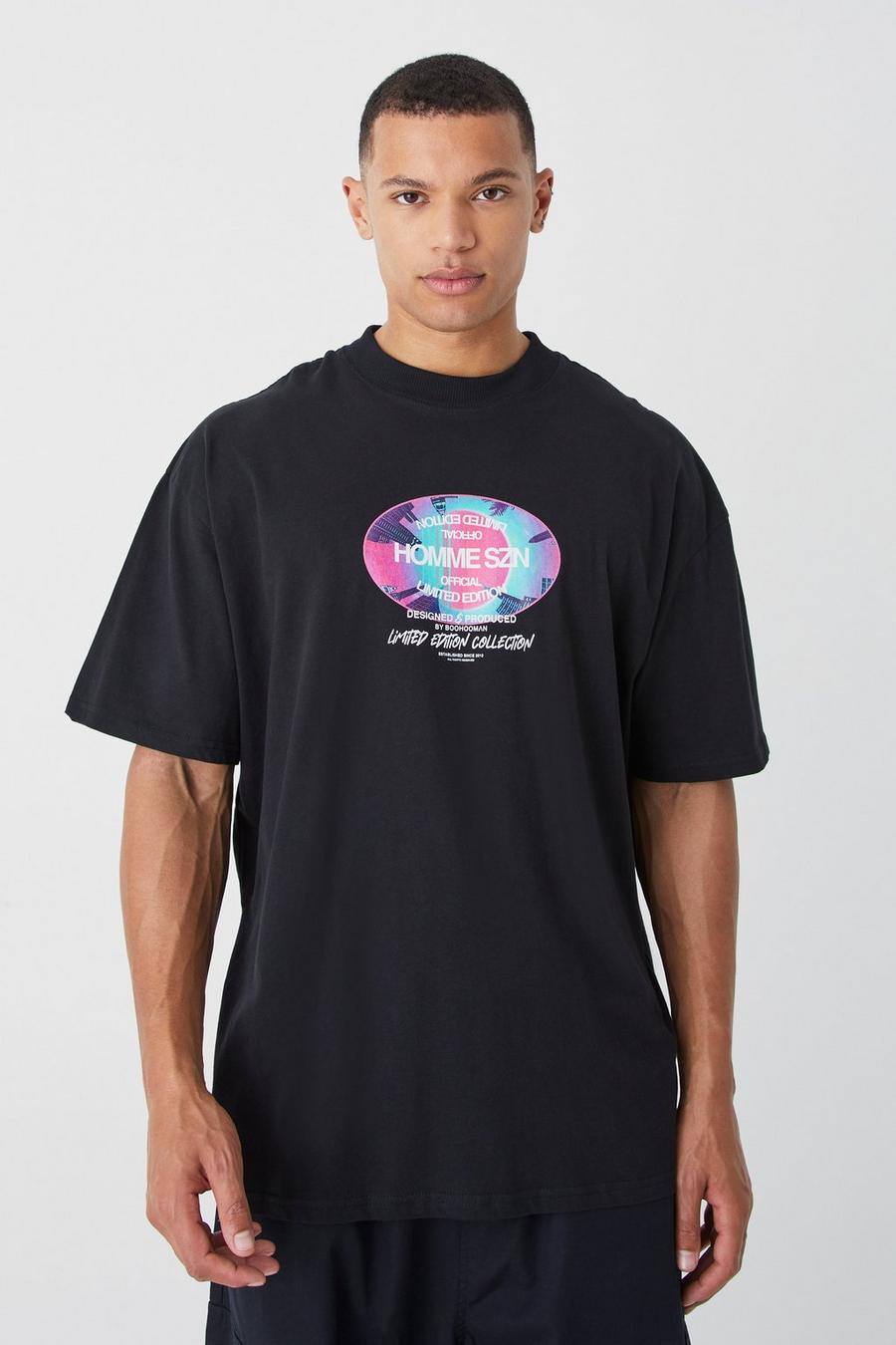Black Tall Oversized Boxy Homme M T-Shirt Met Print image number 1