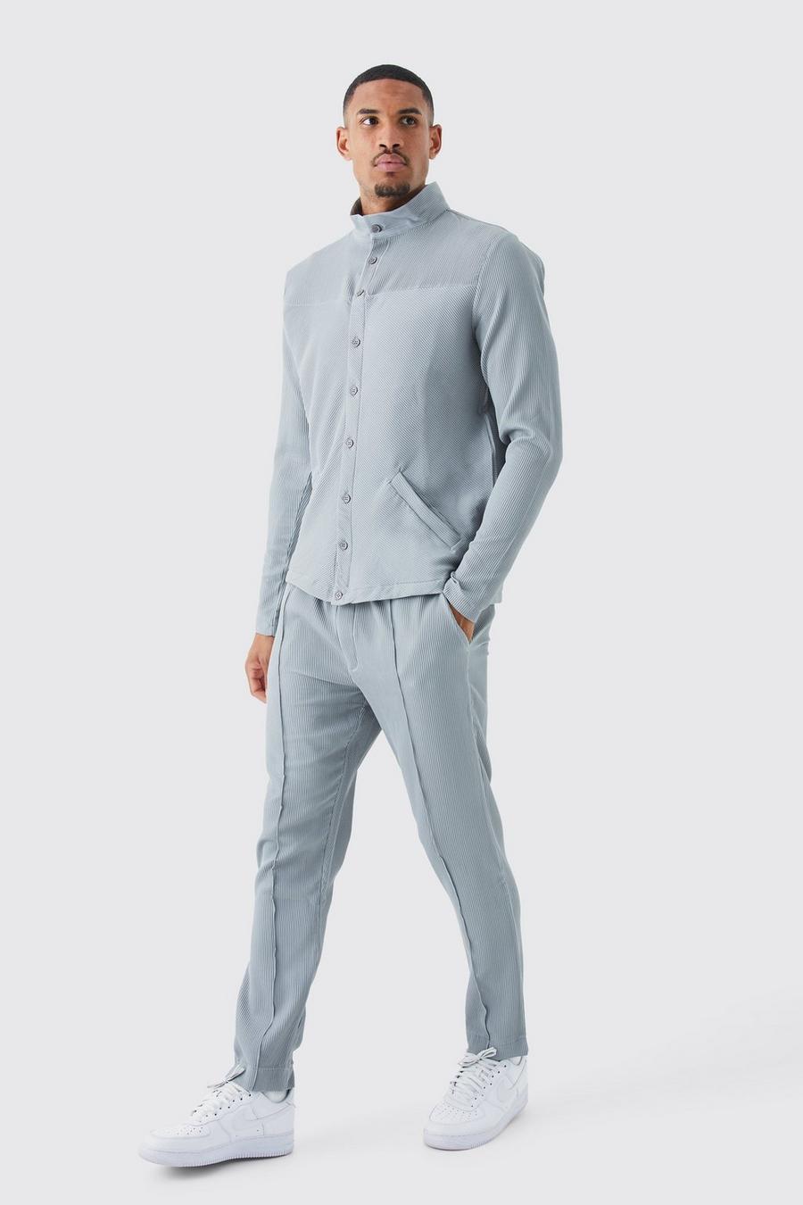 Grey Tall Plisserad harringtonjacka och byxor med elastiskt veck image number 1