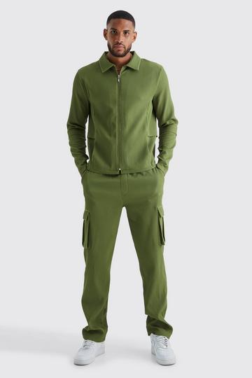 Tall Pleated Zip Shirt & Elasticated Straight Cargo Set khaki