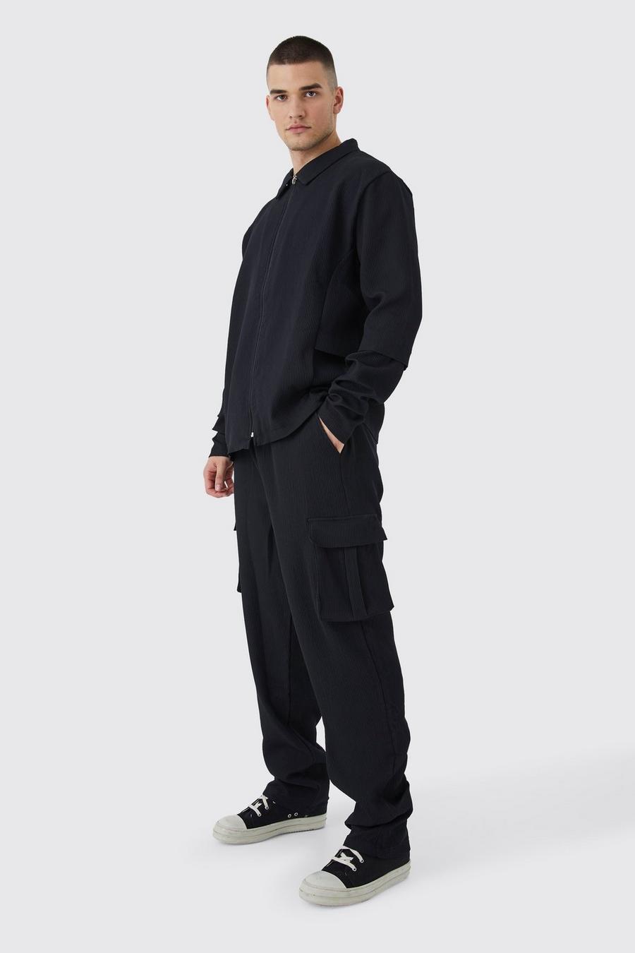 Black Tall Pleated Zip Shirt & Elasticated Straight Cargo Set image number 1