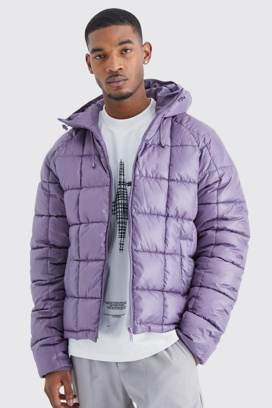 Mauve purple Tall Boxy Square Quilted Puffer With Hood