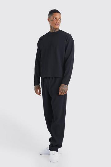 Pleated Long Sleeve Boxy T-Shirt & Straight Pants Set black