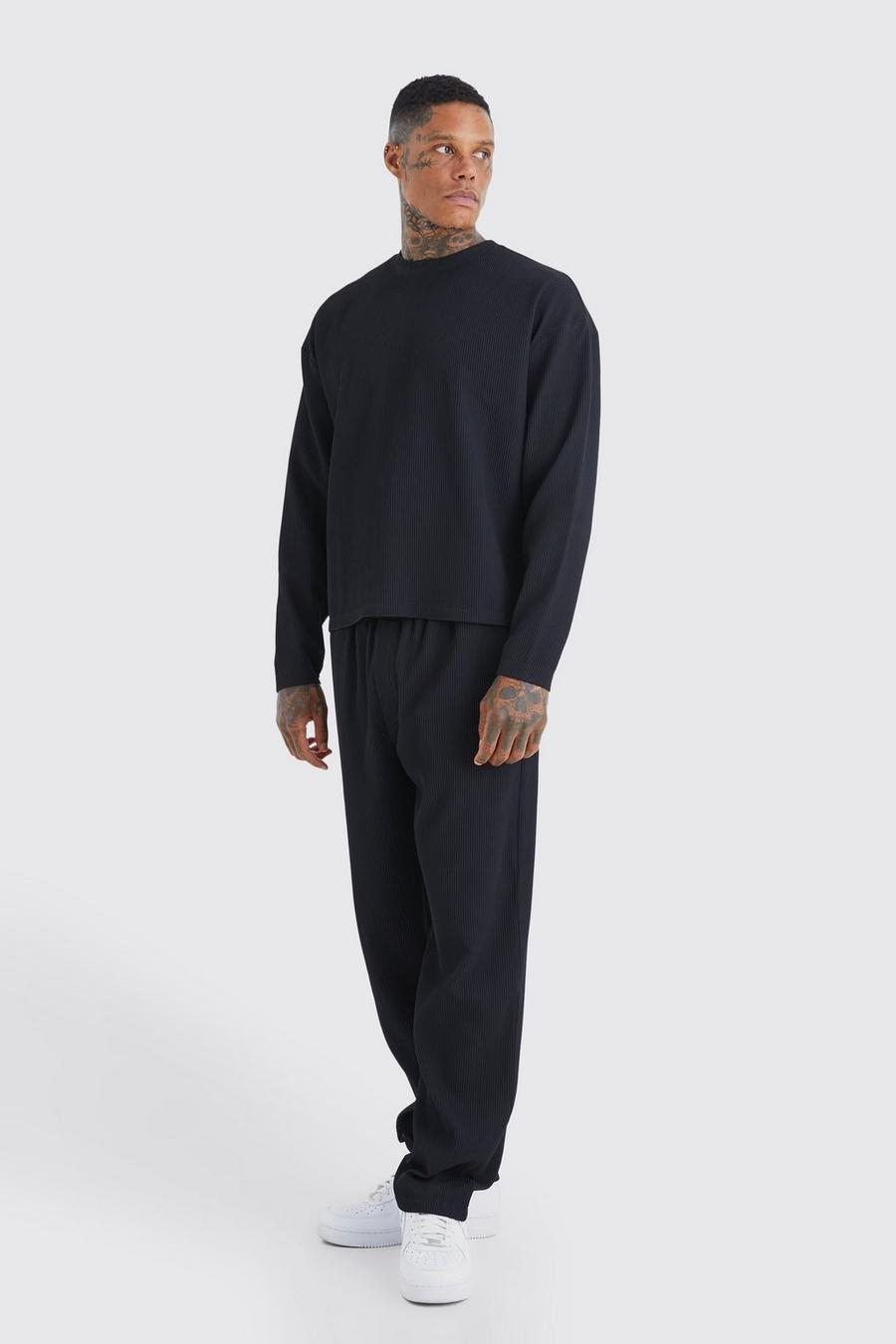 Black Pleated Long Sleeve Boxy T-Shirt & Straight Trouser Set image number 1