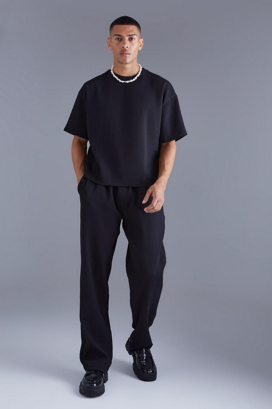 Pantalón holgado elástico y camiseta recta oversize plisada, Black image number 1