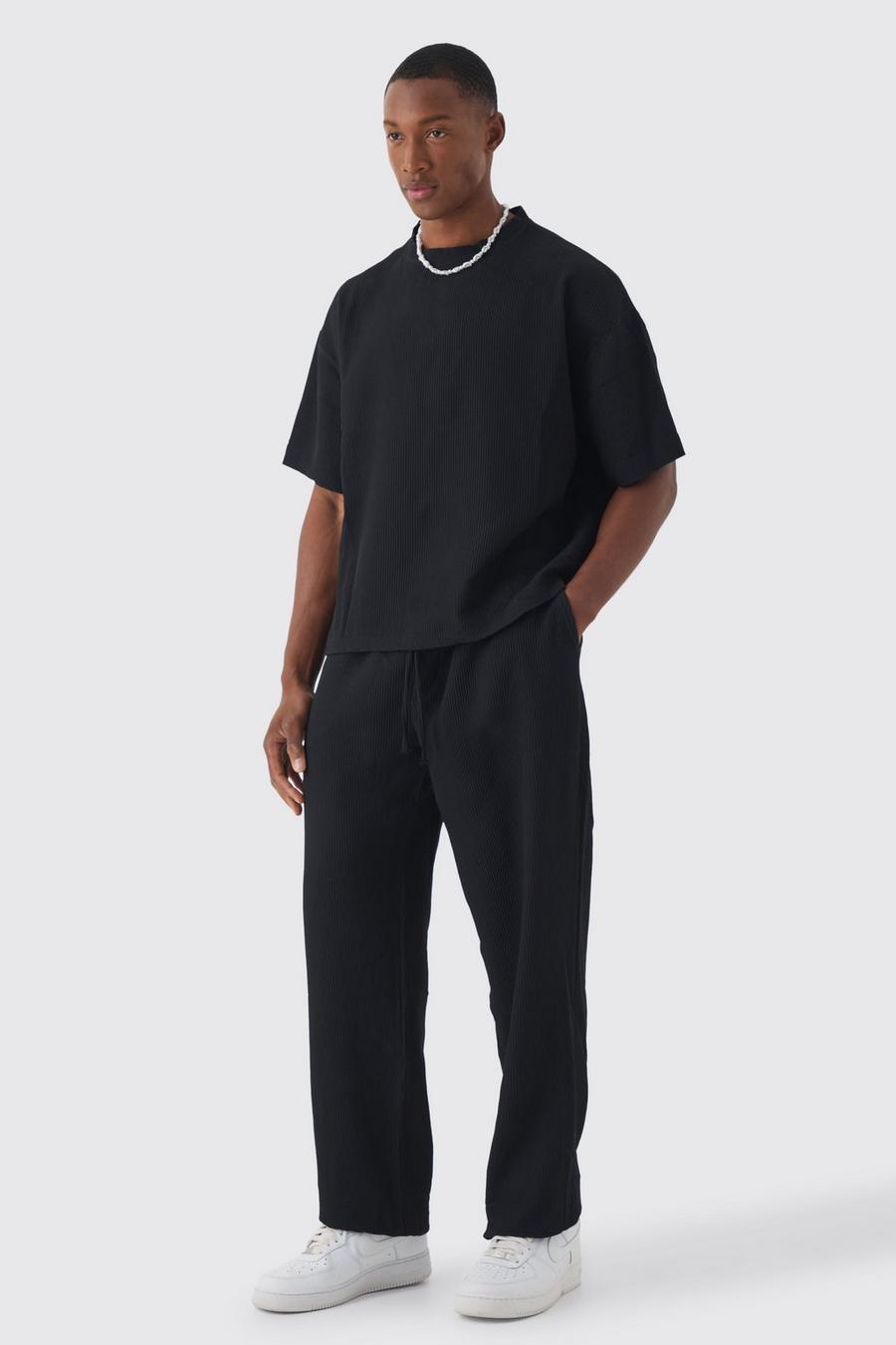 Black Pleated Oversized Boxy T-shirt & Elasticated Relaxed Trouser