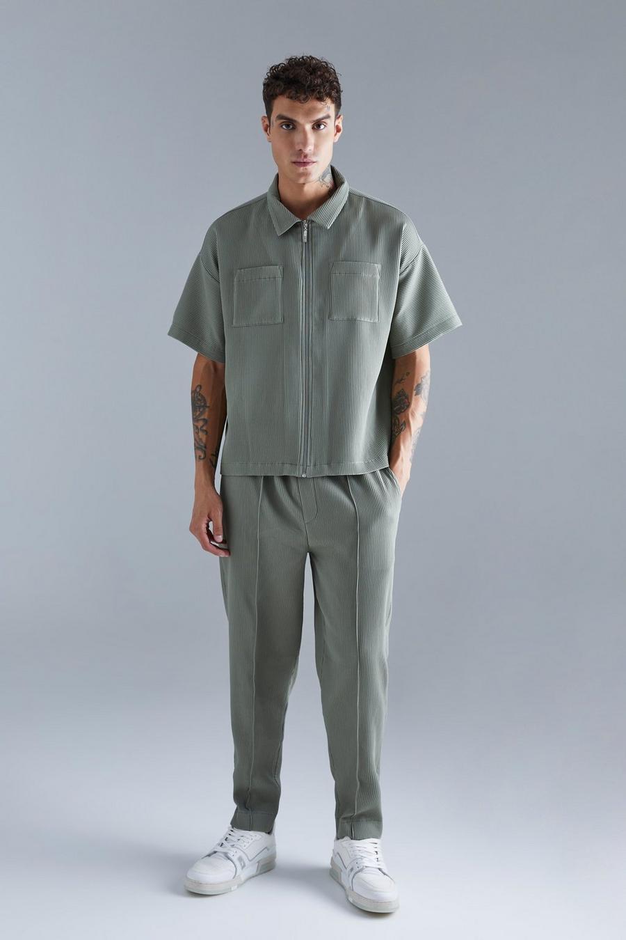 Set camicia a maniche corte con pieghe & pantaloni elasticizzati con nervature, Sage image number 1