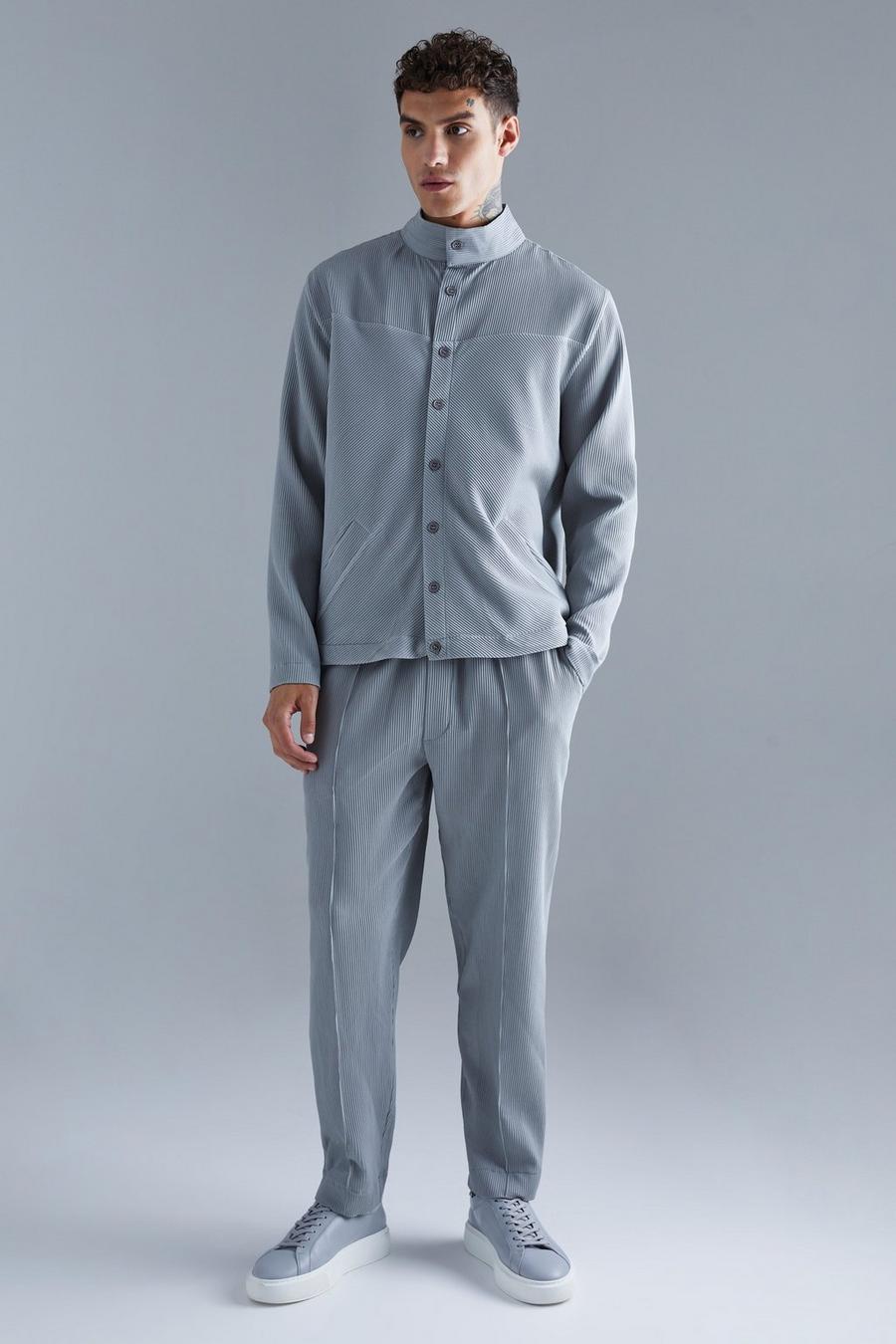 Conjunto de pantalón largo elástico con alforza y ​​chaqueta Harrington plisada, Grey