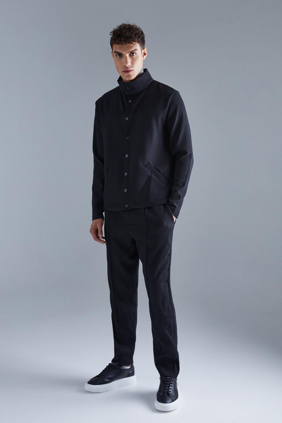 Conjunto de pantalón largo elástico con alforza y ​​chaqueta Harrington plisada, Black image number 1