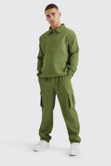 Khaki Pleated Zip Shirt & Elasticated Straight Cargo Set