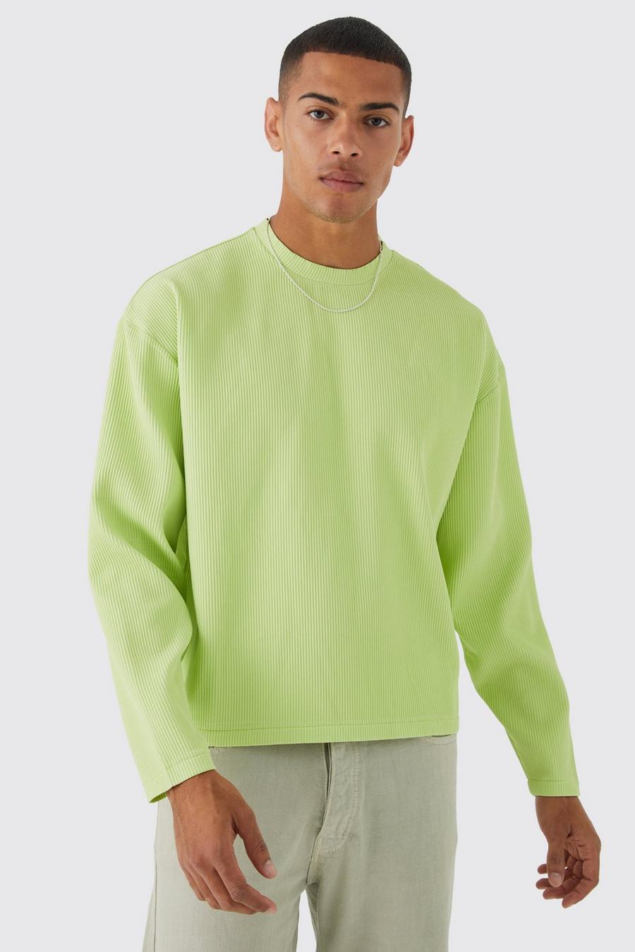 Camiseta recta oversize plisada de manga larga, Green verde
