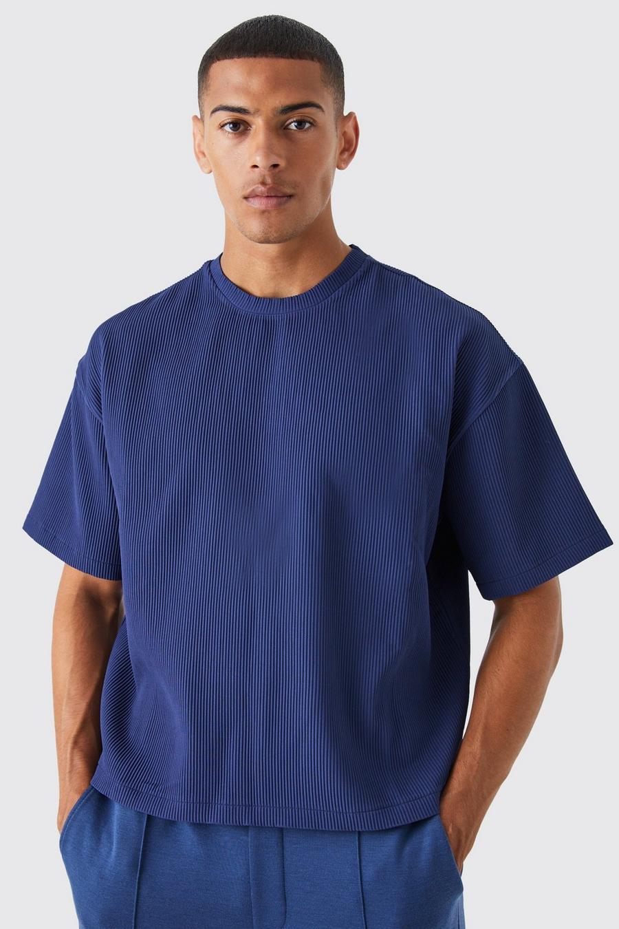 Navy Pleated Short Sleeve Oversized Boxy T-shirt