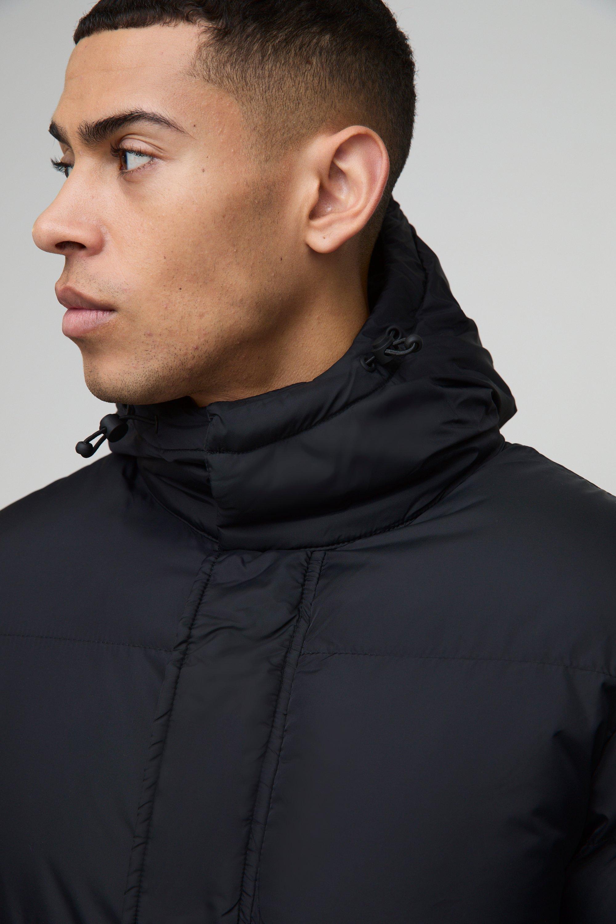 Mid Length Hooded Puffer in Black boohoo