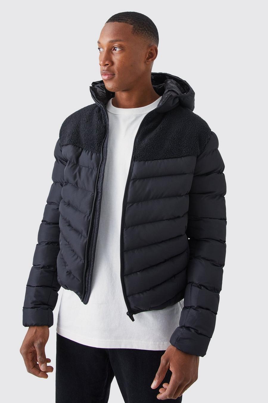 Black svart Quilted Puffer With Contrast Borg