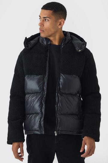 Borg and High Shine Hooded Puffer in Black black