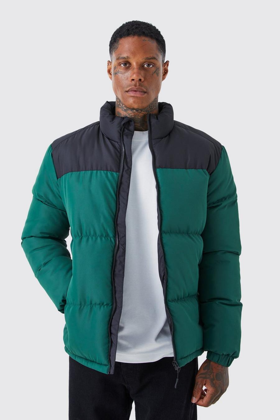 Green Colour Block Funnel Neck Puffer image number 1
