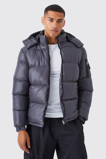 Grey High Shine Hooded Puffer in Grey