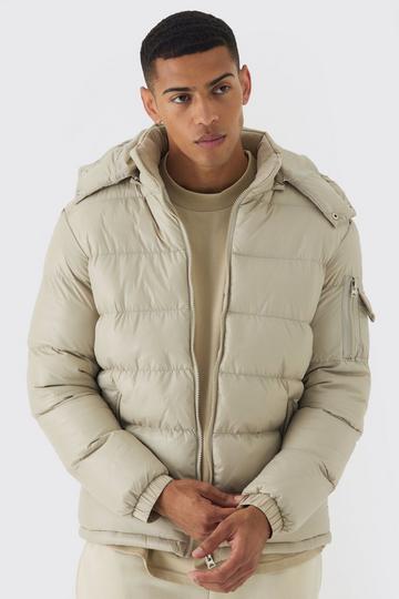 Beige High Shine Padded Puffer Jacket in Stone