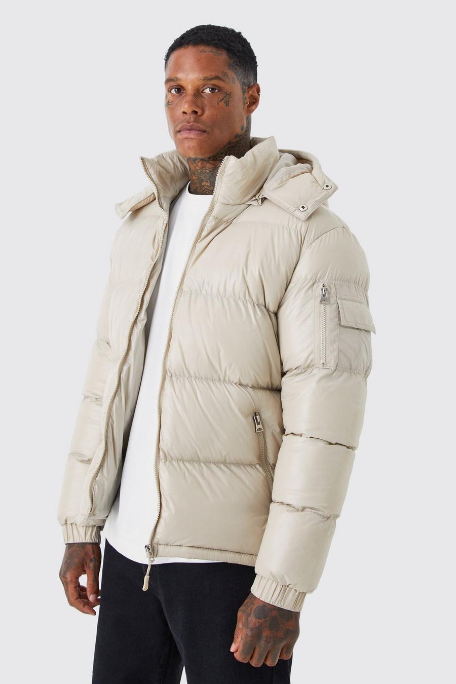 High Shine Padded Puffer Jacket in Stone image number 1