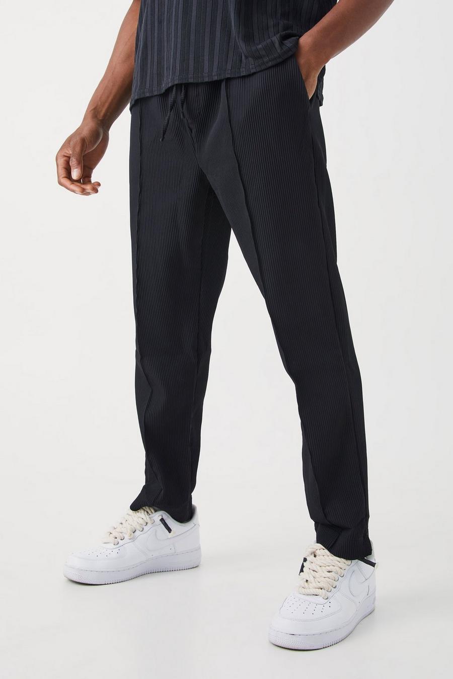Black Geplooide Slim Fit Broek Met Elastische Tailleband image number 1