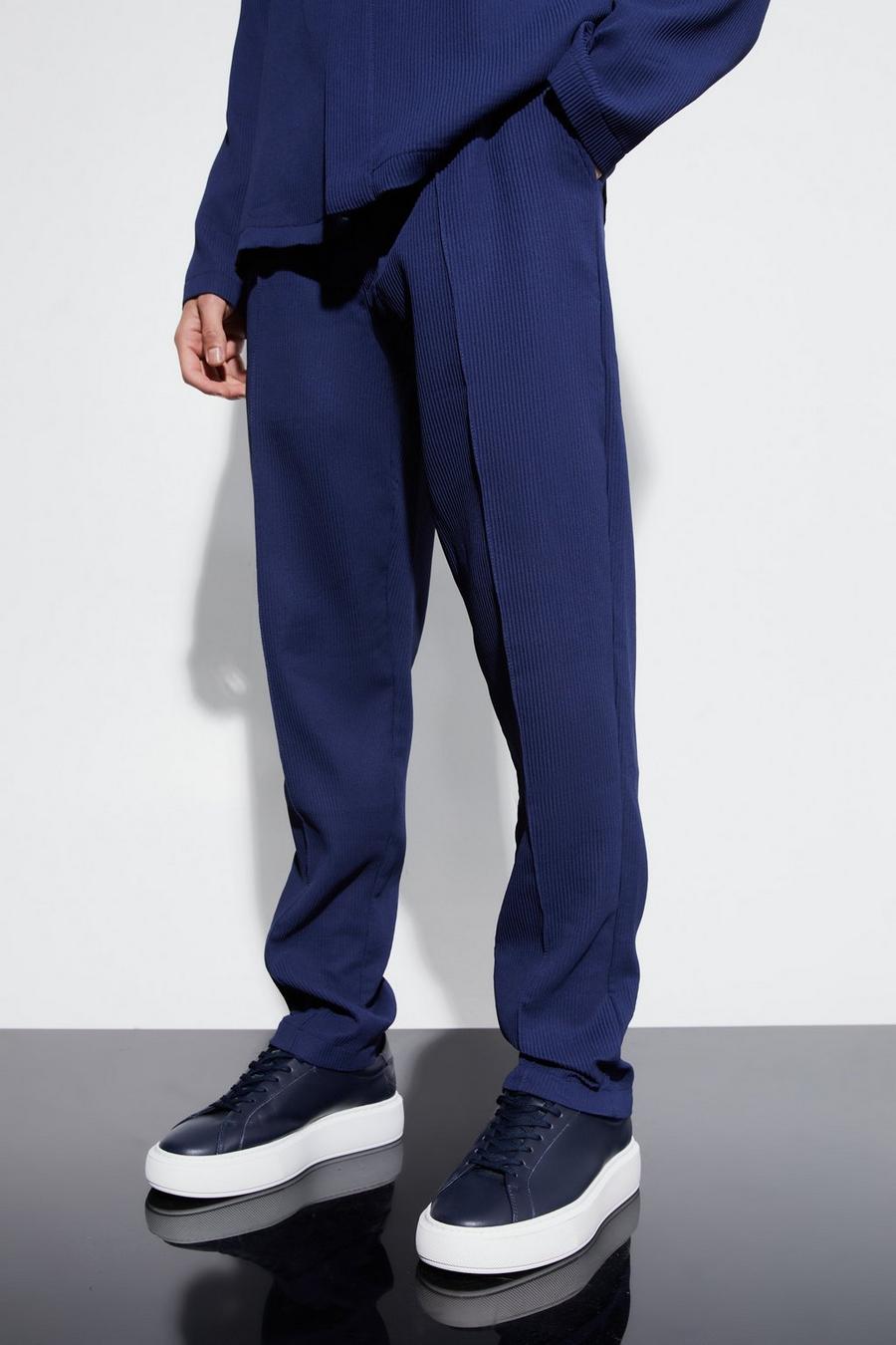 Navy Pleated Tapered Elasticated Waistband Pants image number 1