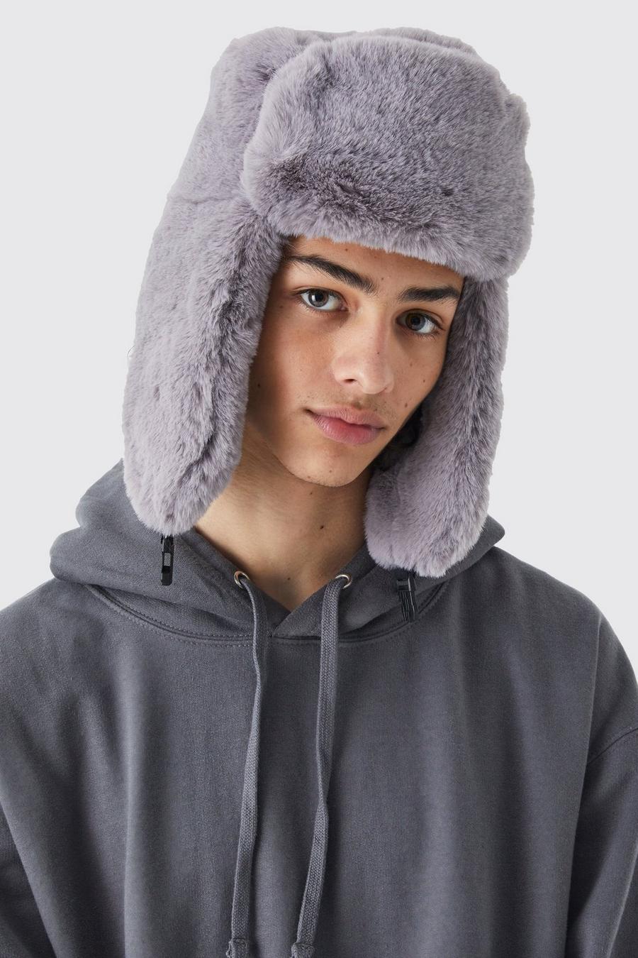 Grey gris Faux Fur Trapper Hat