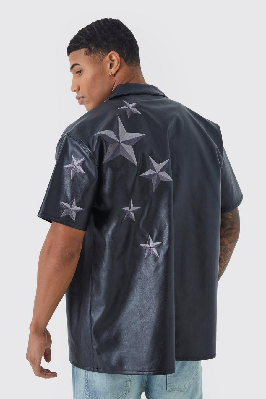 Black Short Sleeve Oversized Pu Star Embroidery Shirt  image number 1