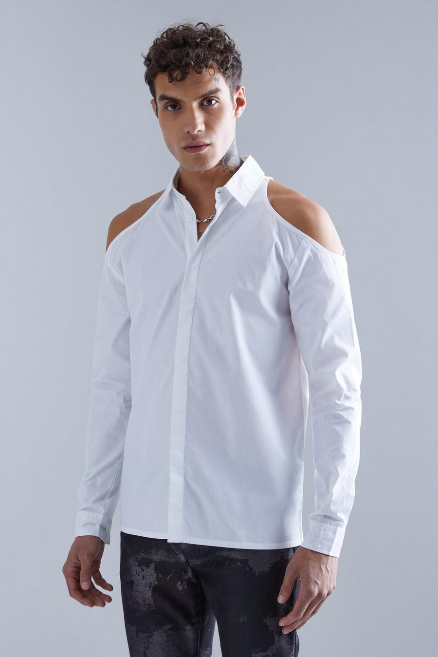 White Concealed Placket Shoulder Cut Out Shirt 