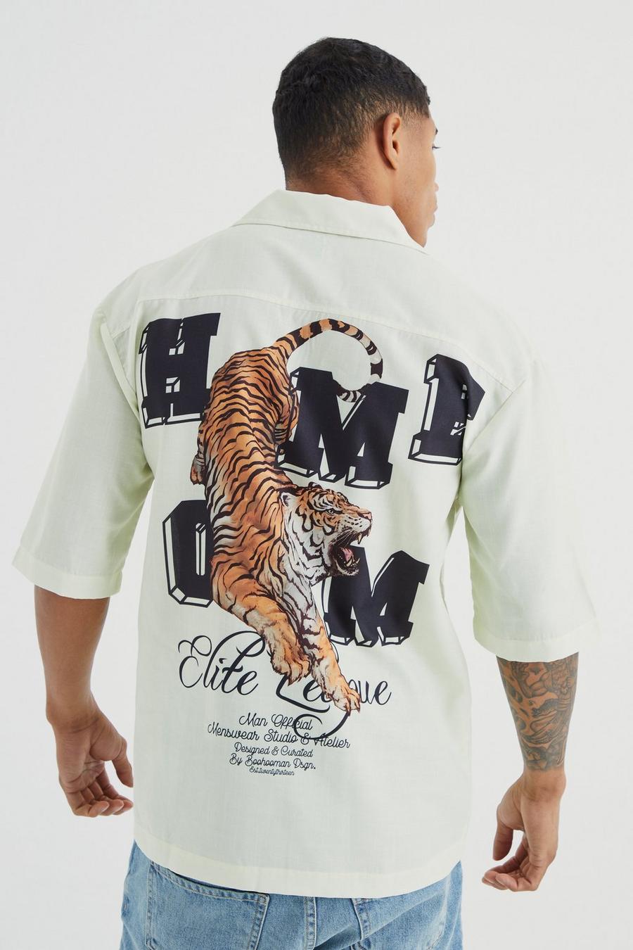 Ecru white Dropped Revere Slub Tiger Back Print Shirt 