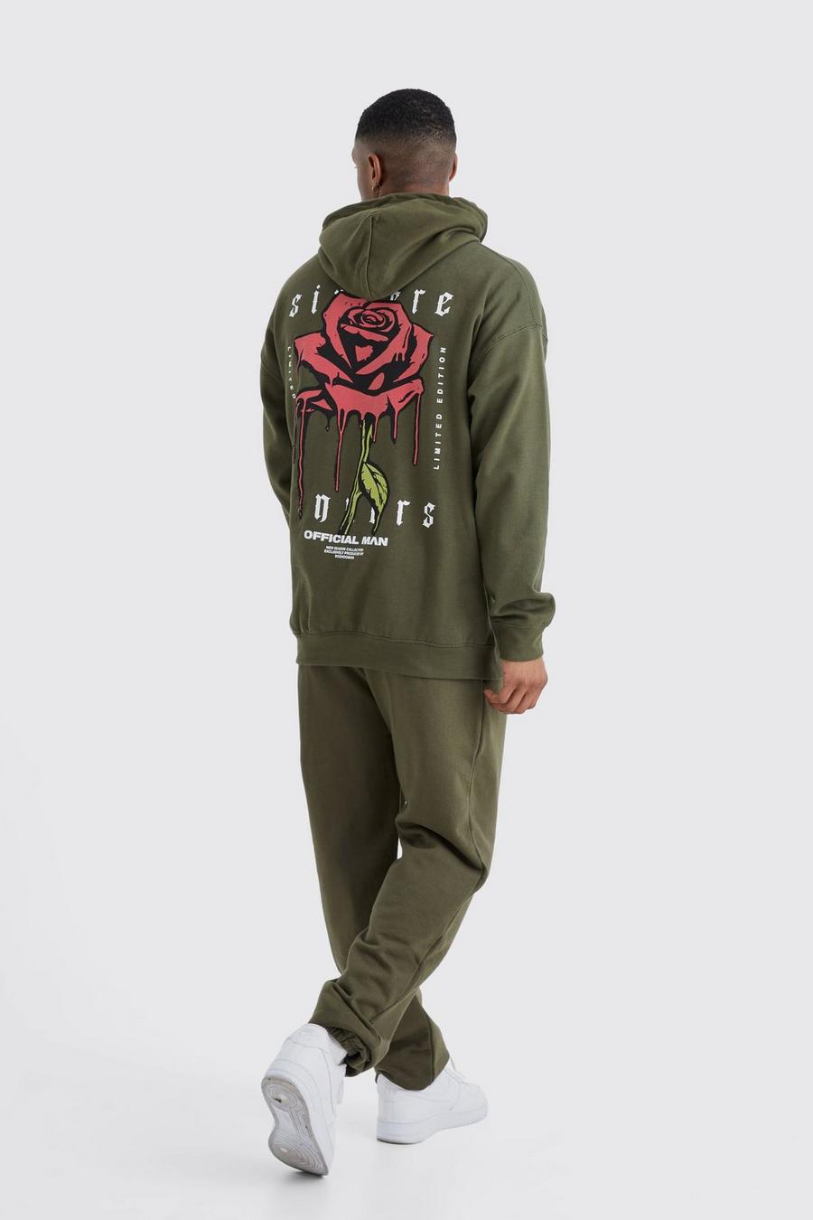 Chándal con capucha y estampado gráfico de rosas, Khaki image number 1