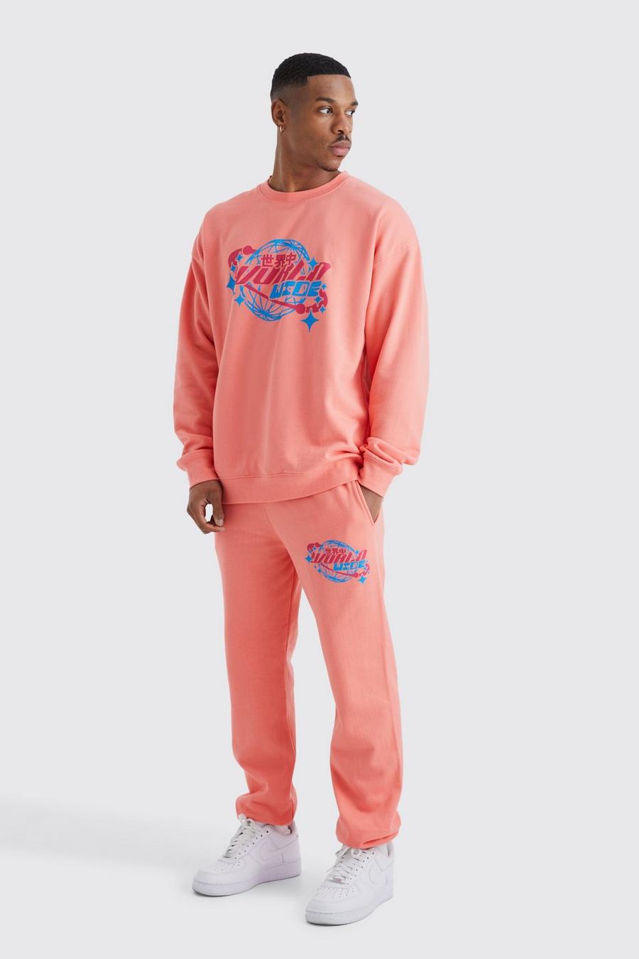 Sweatshirt-Trainingsanzug mit Worldwide-Print, Coral pink