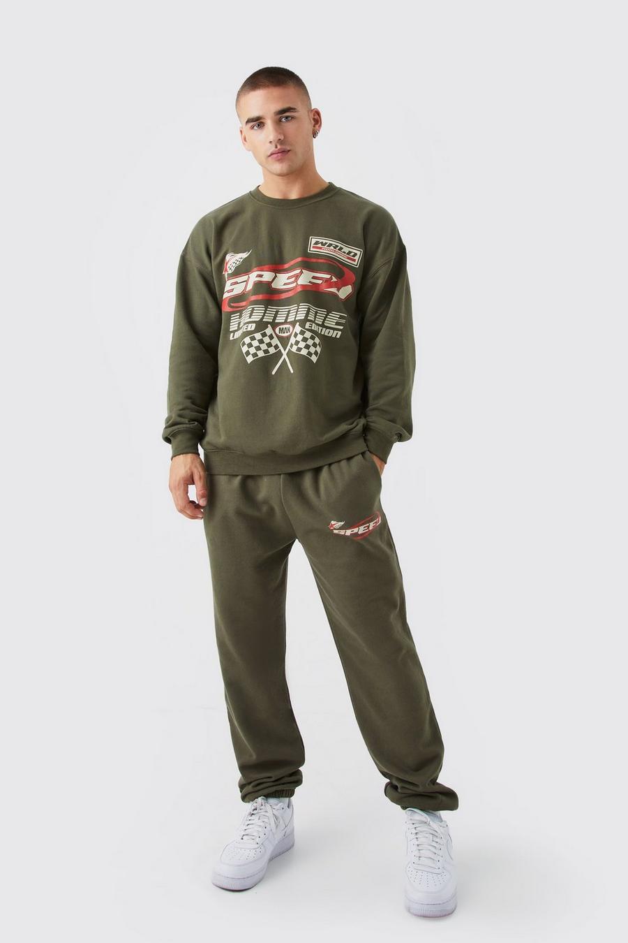 Sweatshirt-Trainingsanzug mit Moto-Print, Khaki