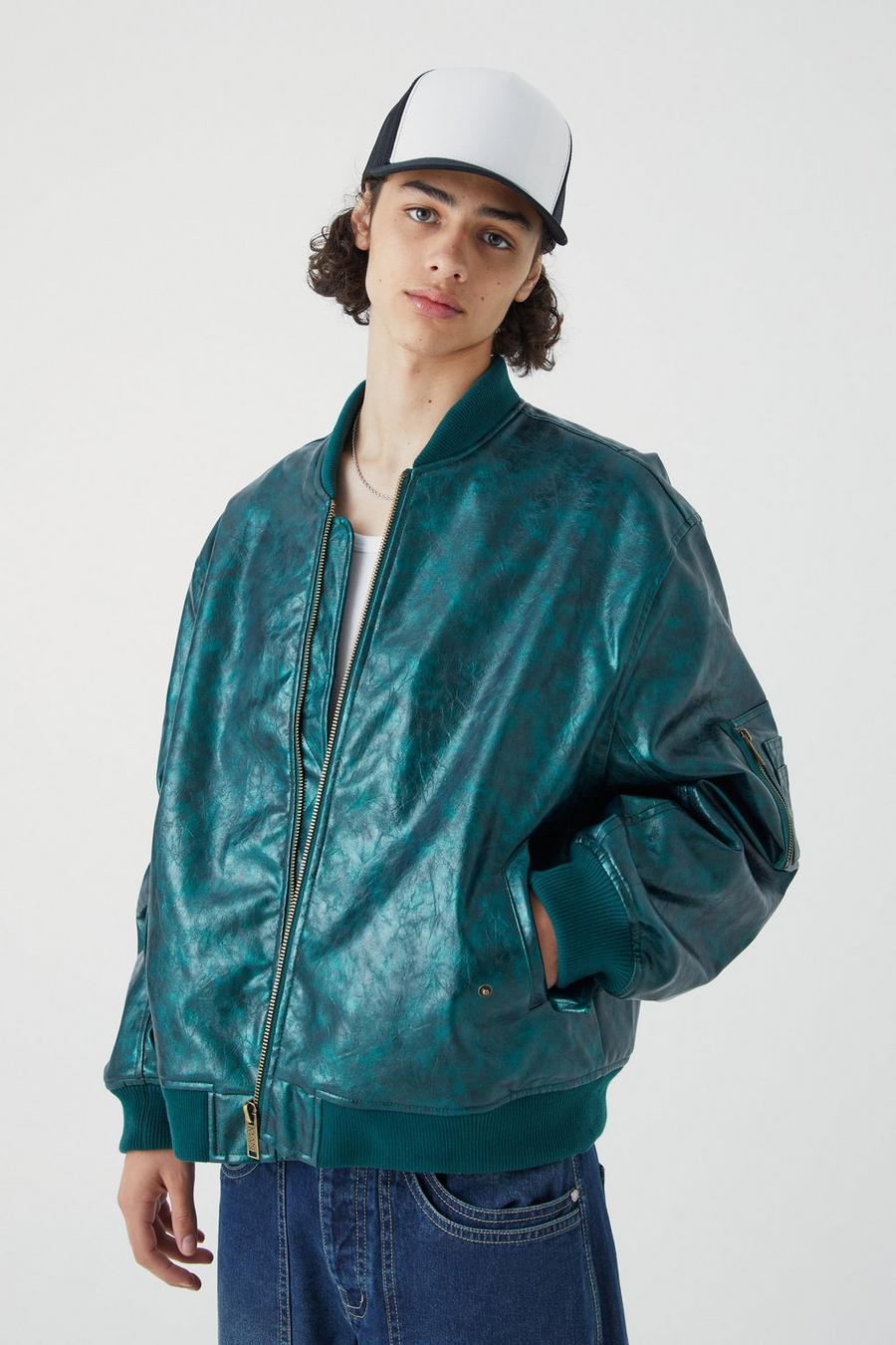 Teal gerde High Shine Pu Bomber With Embroidery