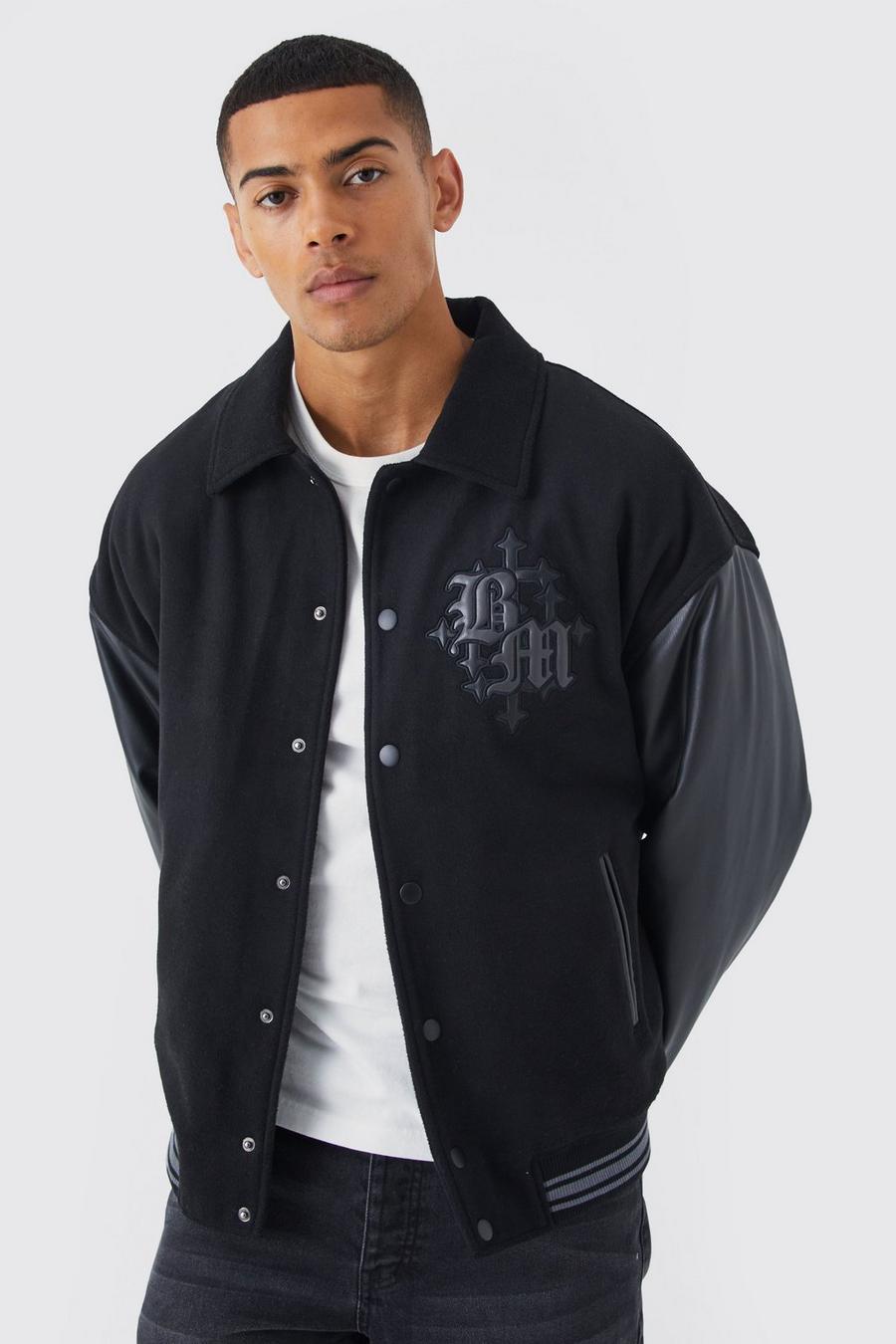 Black noir Bm Melton & Pu Collared Varsity Jacket