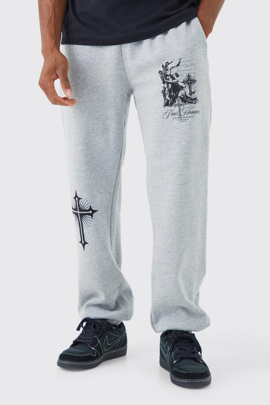 Pantalón deportivo con estampado gráfico Pour Homme, Grey marl image number 1