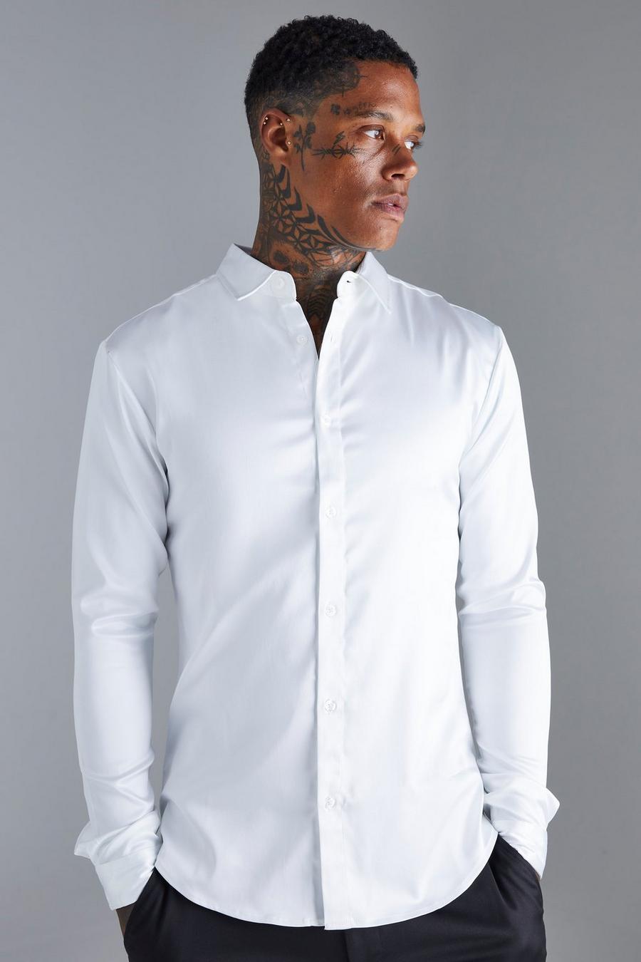 Camicia attillata a maniche lunghe in raso, White image number 1