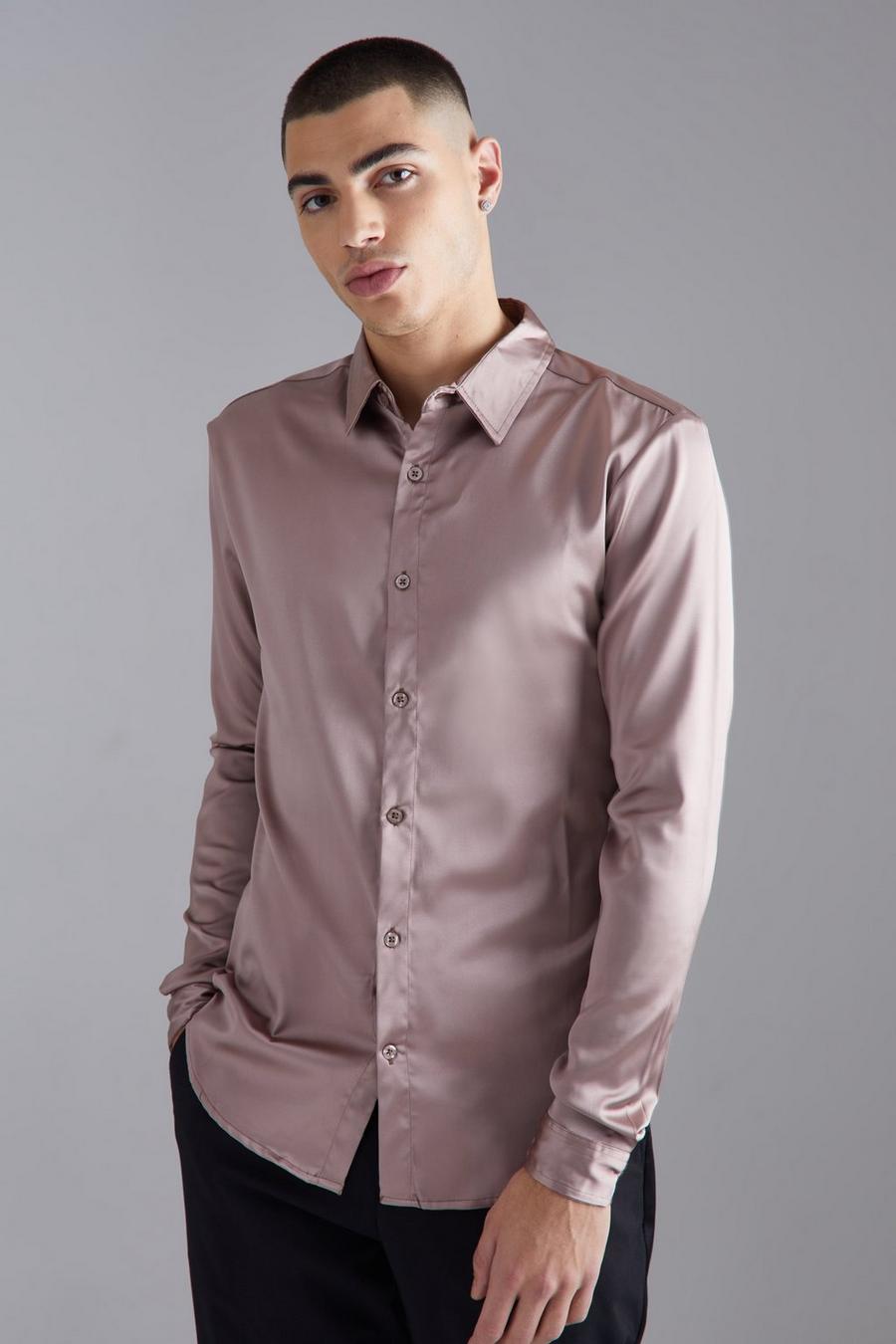 Taupe beige Long Sleeve Muscle Satin Shirt image number 1