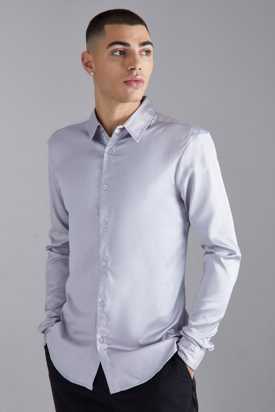 Camicia attillata a maniche lunghe in raso, Grey image number 1