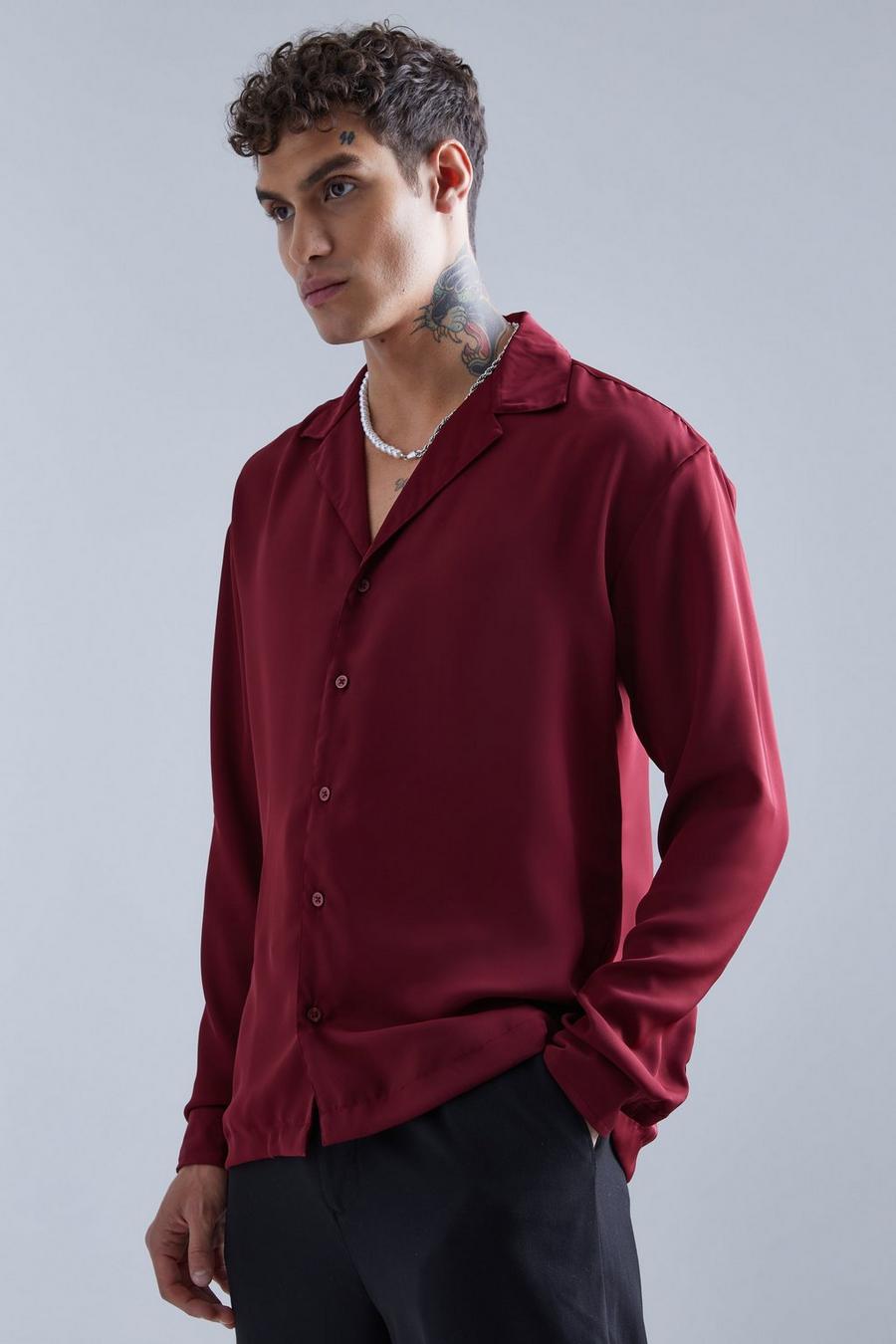 Burgundy red Long Sleeve Drop Revere Sateen Look Shirt