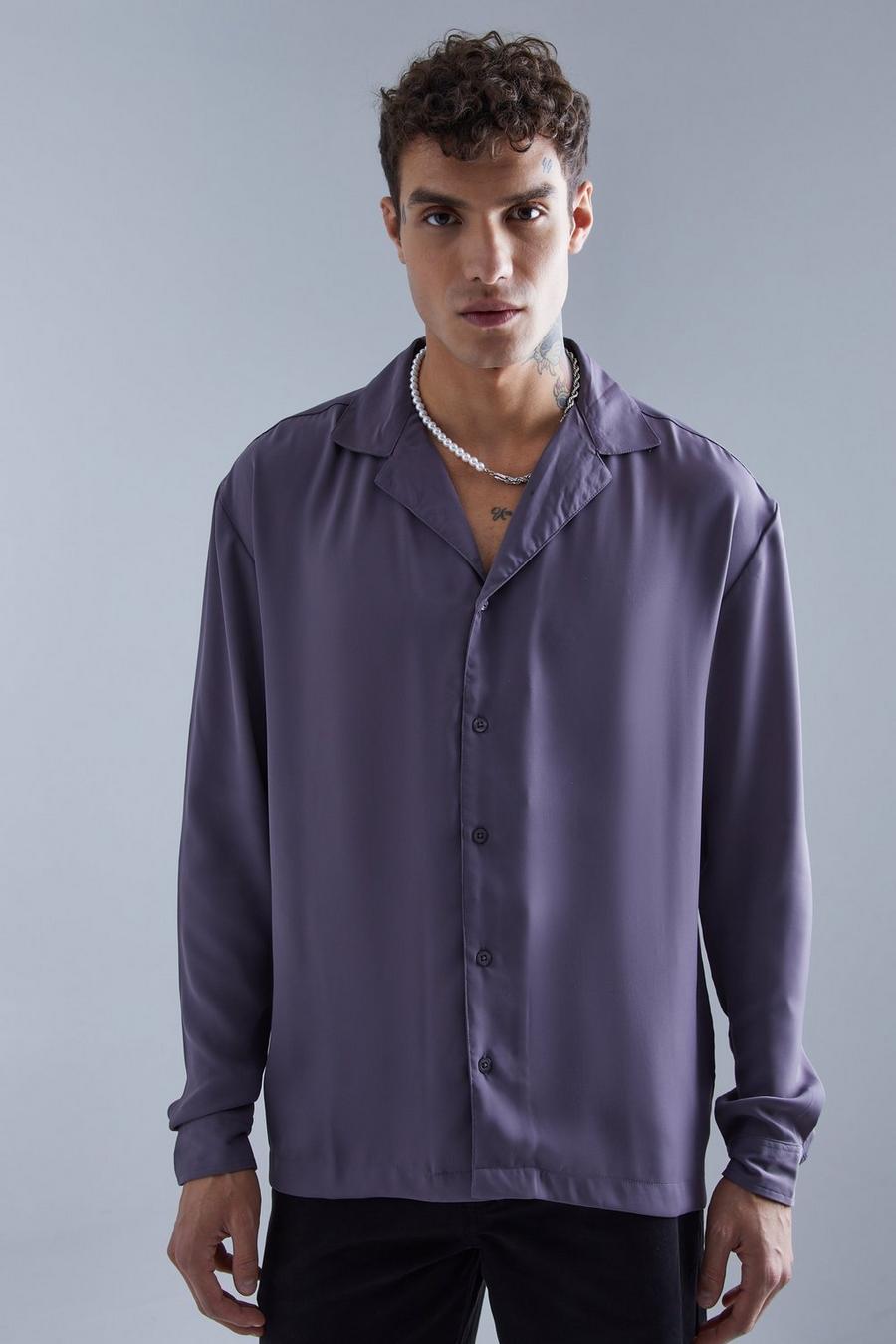 Charcoal Långärmad skjorta i satin med bowlingkrage image number 1
